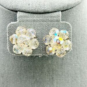 Vintage CORO Aurora Borealis Crystal Beaded Clip-On Cluster Earrings Silver Tone